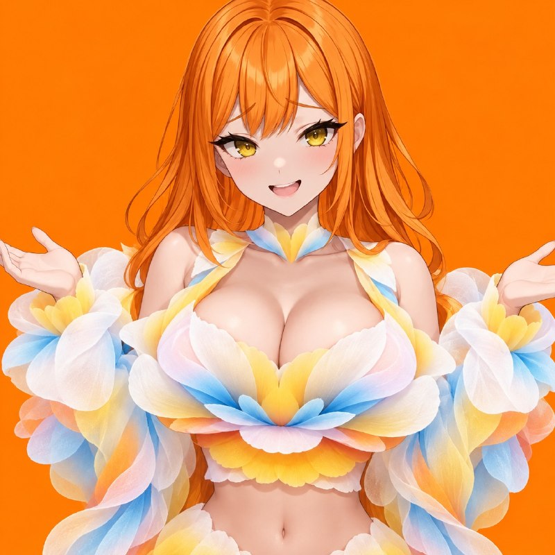 Smiling orange-haired flower girl with pastel petals
